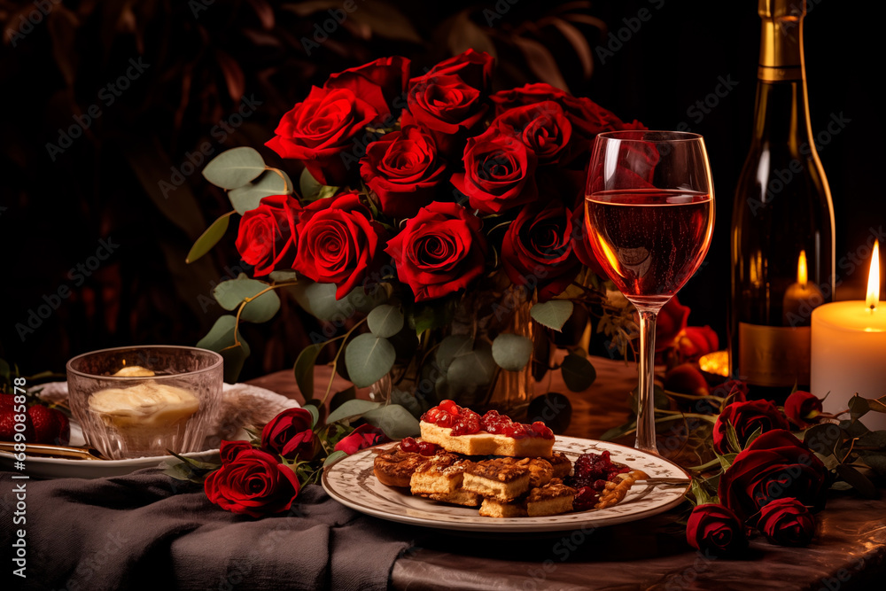 Romantic dinner table with roses and red wine