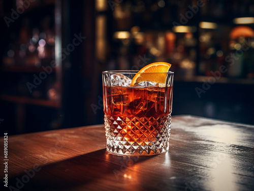 An elegant old fashion cocktail in a glass. AI Generation.