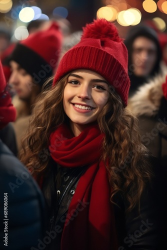 Portrait of young cheerful woman in a red cap and scarf standing on the winter street and looking aside. Outdoor photo of smiling woman in warm clothes. Christmas, new year, winter holidays concept.