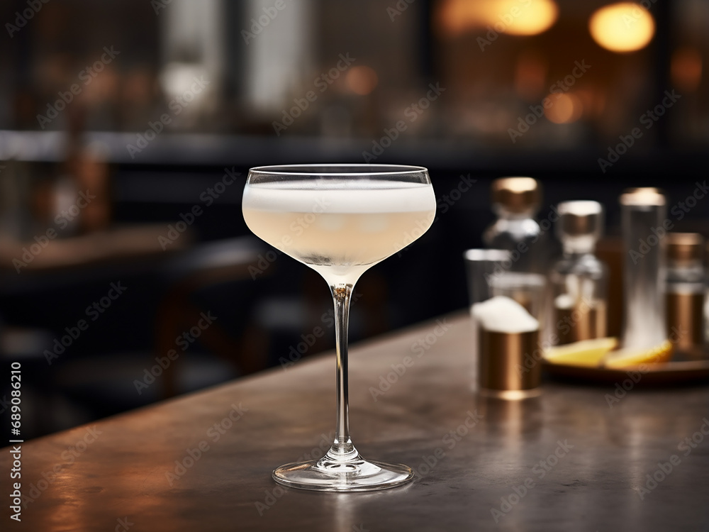 A dreamy white cocktail in a pristine glass. AI Generation. A dreamy white cocktail in a pristine glass. AI Generation.
