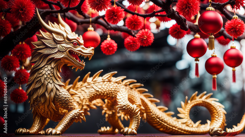 Happy Chinese New Year 2024 the dragon zodiac sign with flower, lantern, elements with red and gold color. background. Copy space Happy Chinese New Year 2024 the dragon zodiac sign with flower, lantern, elements with red and gold color. background. Copy space