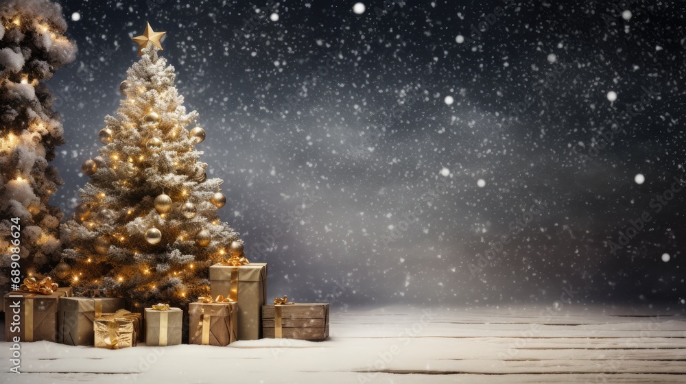 Seasonal Delight: Gold Christmas Tree and Gifts in Snowy Wooden Landscape