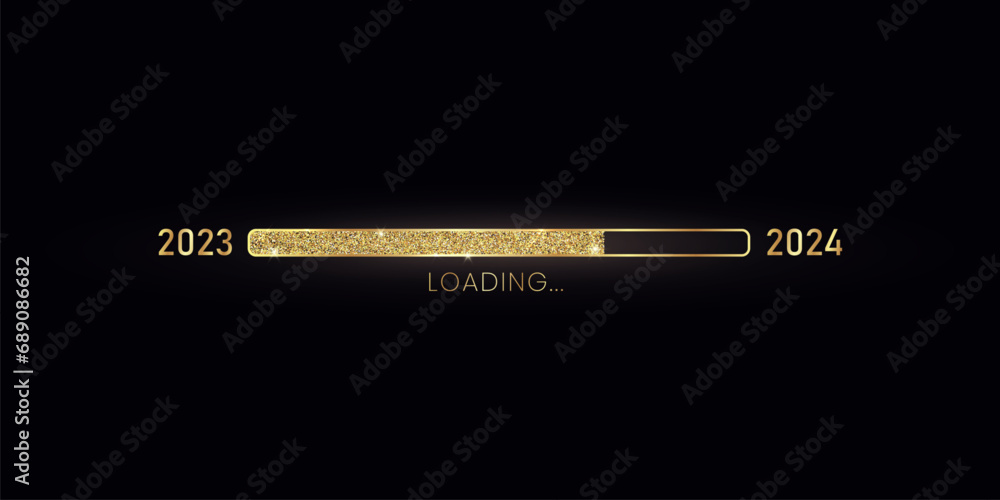 2024 New Year gold progress bar. Golden loading bar with glitter particles on black background for Christmas greeting card. Design template for holiday party invitation. Concept of festive banner 2024 New Year gold progress bar. Golden loading bar with glitter particles on black background for Christmas greeting card. Design template for holiday party invitation. Concept of festive banner