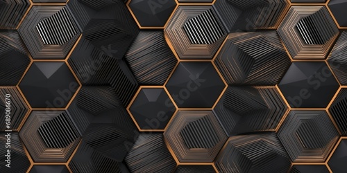 3d illustration. Seamless geometric wallpaper made of metallic black gray and gold hexagons randomly arranged on a gray background. High quality seamless realistic texture, Generative AI photo
