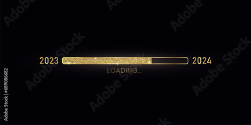 2024 New Year gold progress bar. Golden loading bar with glitter particles on black background for Christmas greeting card. Design template for holiday party invitation. Concept of festive banner photo