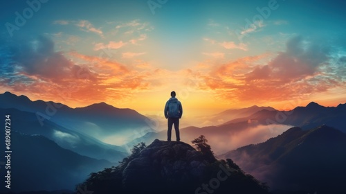 double exposure silhouette photography business male stand and feel happy on the most hight on the mountain  hiking  success  cliff.