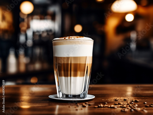 Enjoy a macchiato coffee at the bar. AI Generation.