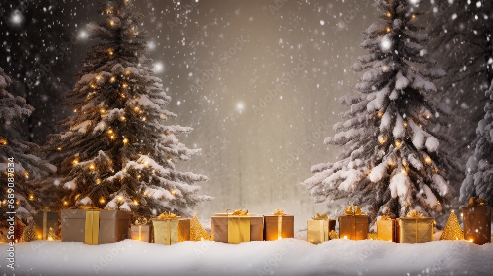 Fototapeta premium Seasonal Delight: Gold Christmas Tree and Gifts in Snowy Wooden Landscape