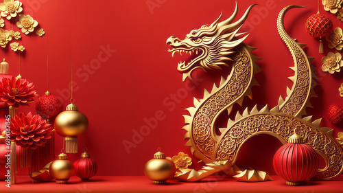 Happy Chinese New Year 2024 the dragon zodiac sign with flower, lantern, elements with red and gold color. background. Copy space photo