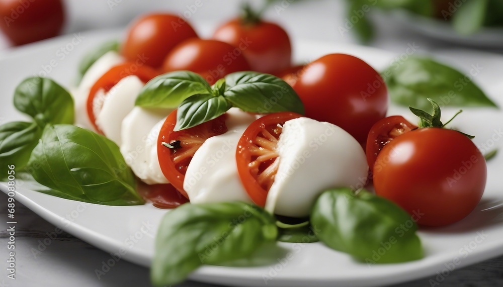 White plate of classic delicious caprese salad with ripe tomatoes, mozzarella and fresh basil leaves
White plate of classic delicious caprese salad with ripe tomatoes, mozzarella and fresh basil leaves