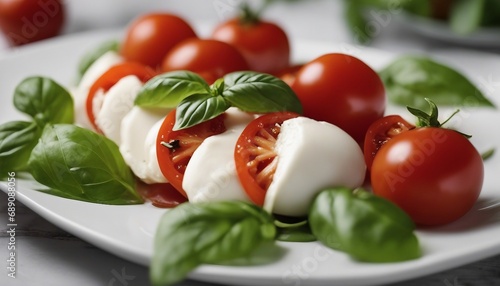 White plate of classic delicious caprese salad with ripe tomatoes, mozzarella and fresh basil leaves 