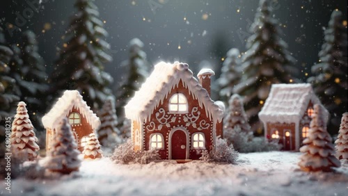 Gingerbread house with icing candles and snowfall. Chrismas background