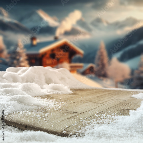 Wooden desk of free space for your decoration. Winter landscape of mountains. Board cover of snow and frost. December time and christsmas compositon. Natural light and empty mockup backdrop. © magdal3na