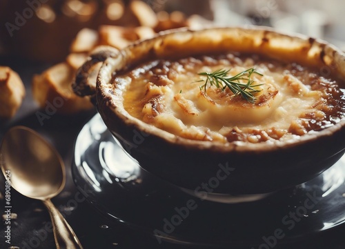 delicious French Onion Soup in white plate 