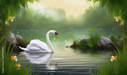 river with swan bird  Generative AI