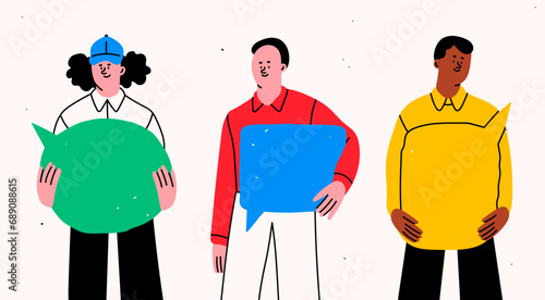 Group of People standing and holding blank empty Speech bubbles. Social media, chat, conversation, message, contact, meeting concept. Cartoon style isolated characters. Hand drawn Vector illustration