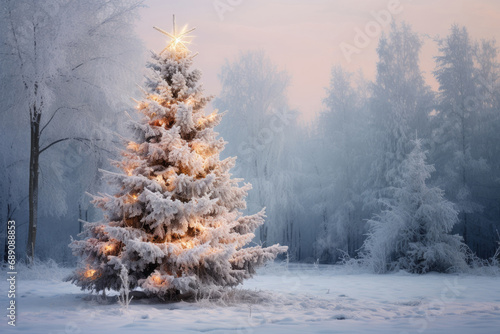 Beautiful, fabulous, decorated Christmas tree in the winter forest © fidaolga