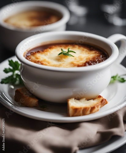 delicious French Onion Soup in white plate 