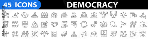 Democracy 45 icon set outline icons related. For website marketing design. Politics, president, voting, people, voter, voter, prime minister, gavel, legislative, election and more. Vector illustration
