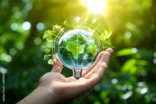 Hand holding light bulb against nature on green leaves with icons energy sources for renewable, sustainable development. Ecology concept. Elements of this image furnished by, Generative AI