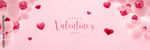 Valentine's Day greeting card design with fluffy clouds, hearts and text on baby oink background. 3D Rendering, 3D Illustration