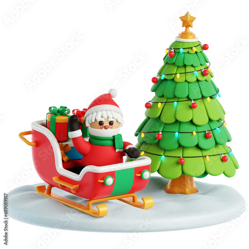 Santa with Sledge and Christmas Tree 3D Illustration photo