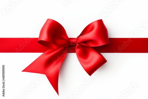 Red ribbon with bow isolated on white and white background, Generative AI