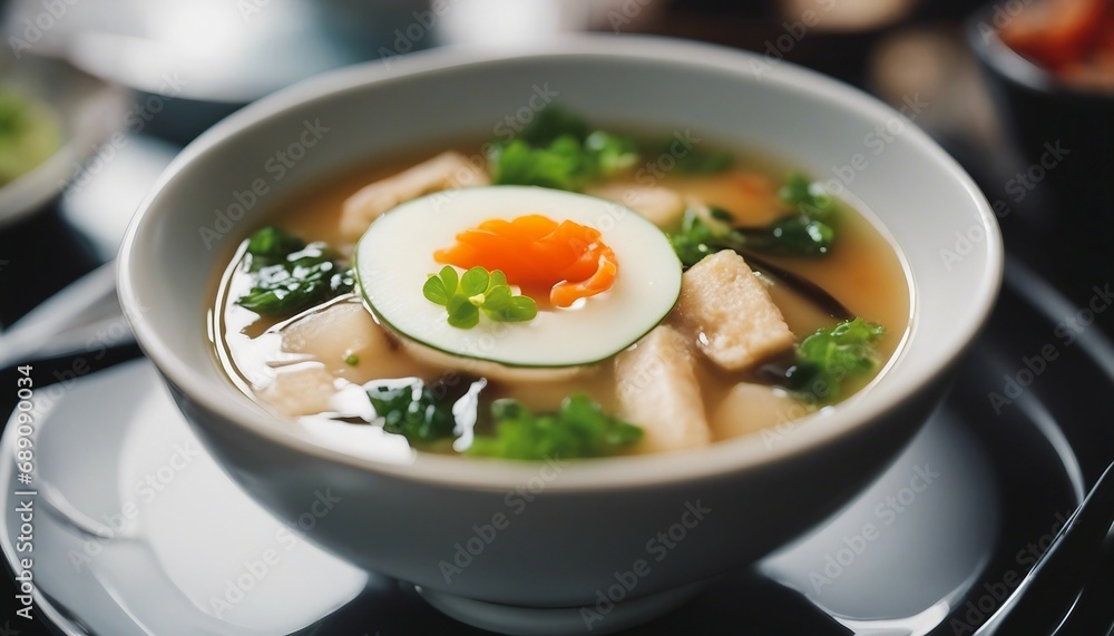 delicious miso soup at restaurant, above view
delicious miso soup at restaurant, above view