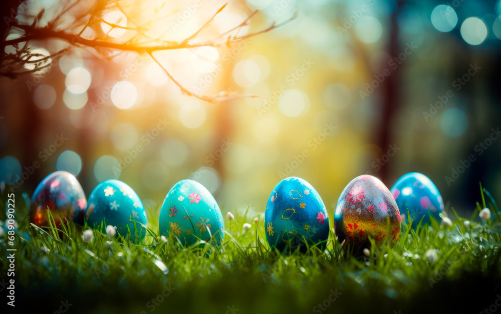 Colorful easter eggs in a flowerfield and sun rays. Beautiful decorated easter eggs photo with empty space for text. Colorful easter eggs in a flowerfield and sun rays. Beautiful decorated easter eggs photo with empty space for text.