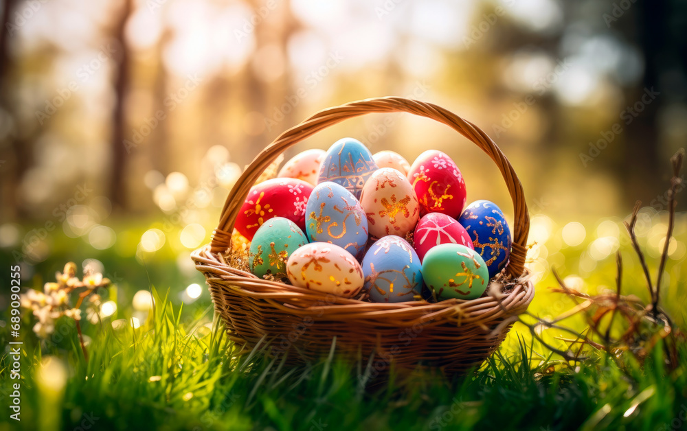 Colorful easter eggs in a basket over a flowerfield and sun rays. Beautiful decorated easter eggs photo with empty space for text. Colorful easter eggs in a basket over a flowerfield and sun rays. Beautiful decorated easter eggs photo with empty space for text.