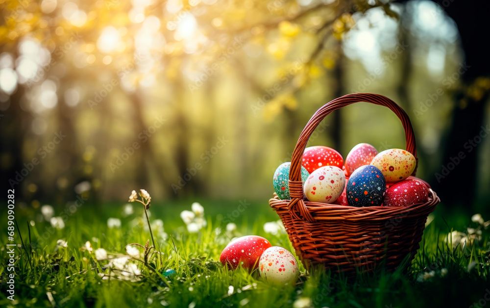 Colorful easter eggs in a basket over a flowerfield and sun rays. Beautiful decorated easter eggs photo with empty space for text. Colorful easter eggs in a basket over a flowerfield and sun rays. Beautiful decorated easter eggs photo with empty space for text.