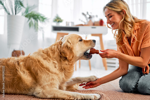 Shared moments. Side view of playful fluffy dog biting new toy held by happy owner in living room. Smiling young woman in casual clothes sitting on floor with pet best friend. photo