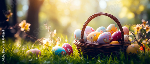 Colorful easter eggs in a basket over a flowerfield and sun rays. Beautiful decorated easter eggs photo with empty space for text. photo