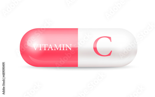 Capsule vitamin C (Thiamine) structure pink red, white. 3D Vitamin complex with chemical formula. Drug business concept. Personal care, beauty concept. Vector Illustration. transparent capsule pill.	