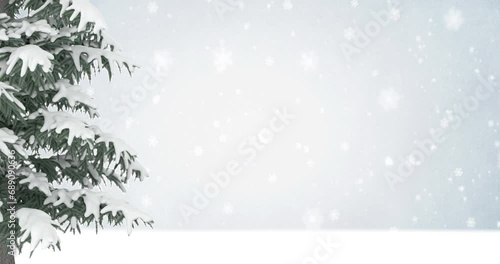falling snowflakes in the background with christmas tree in the foreground - 3D Animation 4K DCI