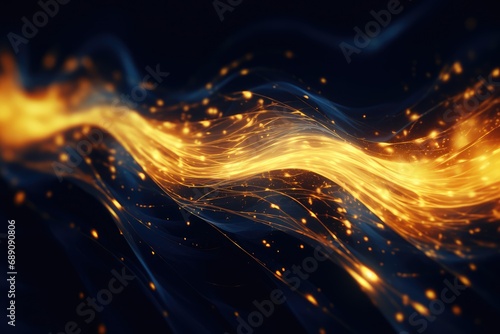 Abstract neon dark blue and gold particles background.