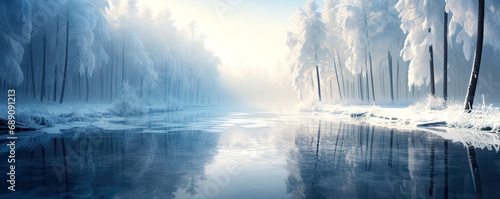 Cold winter and icy river in deep snowy woods. Postproducted generative AI illustration.