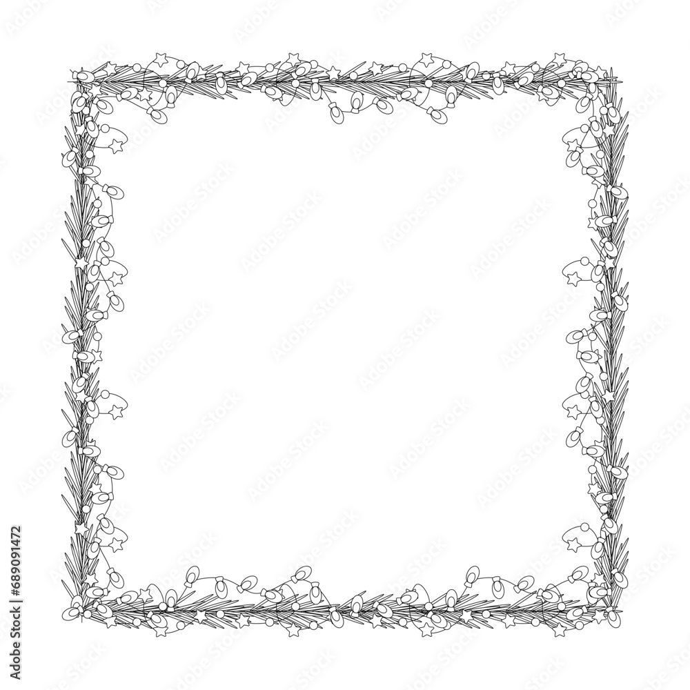 Christmas frame, garland with light bulbs, tree branch. Christmas frame, garland with light bulbs, tree branch.