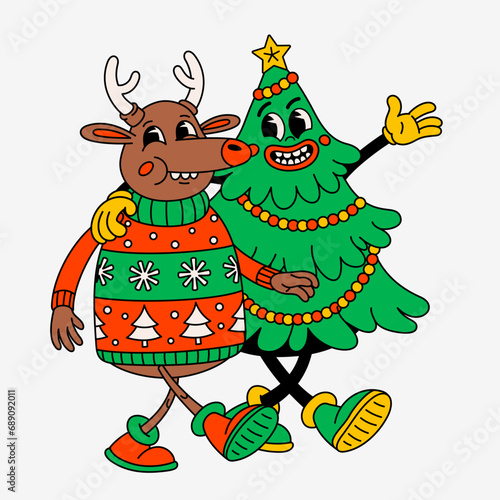 Retro cartoon Christmas tree and deer
