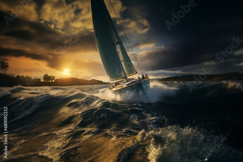 A blue yacht passes along the shore at a sailing regatta in the rays of the setting sun.