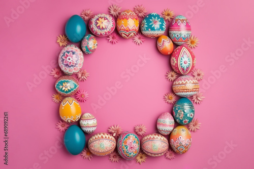 Colorful background of Easter eggs on a pink background.