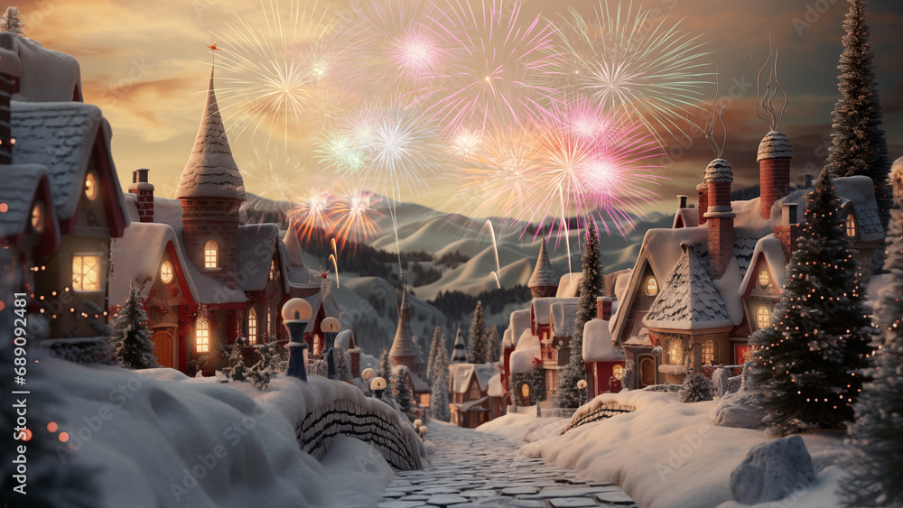 Festive Fireworks over a Winter Village