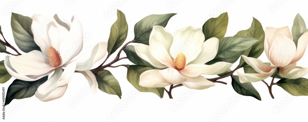 watercolor white magnolia flower and leaf bouquet clipart collection isolated on white background, Generative AI - obrazy, fototapety, plakaty 