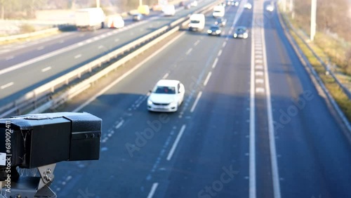 Close up of black security or speed camera watching highway, motorway traffic on frosty winter day.