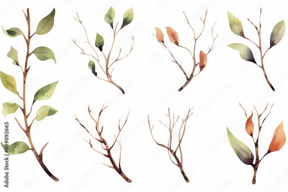 Set of watercolor tree branches without leaves. Hand drawn bare snags isolated on white background. Watercolor  illustration, Generative AI