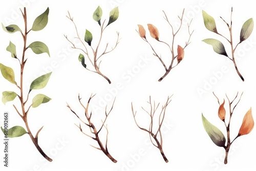 Set of watercolor tree branches without leaves. Hand drawn bare snags isolated on white background. Watercolor  illustration, Generative AI photo