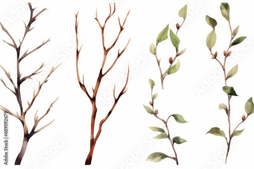 Set of watercolor tree branches without leaves. Hand drawn bare snags isolated on white background. Watercolor  illustration  Generative AI