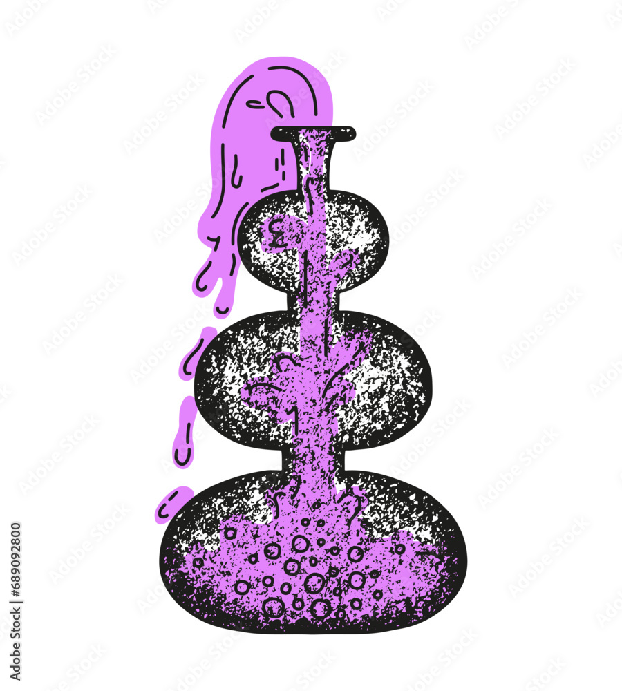 Flask with splashes and grunge texture. Magic potion. Cartoon vector illustration in gothic style. Doodle esoteric hand drawn element. For stickers, temporary tattoo Flask with splashes and grunge texture. Magic potion. Cartoon vector illustration in gothic style. Doodle esoteric hand drawn element. For stickers, temporary tattoo