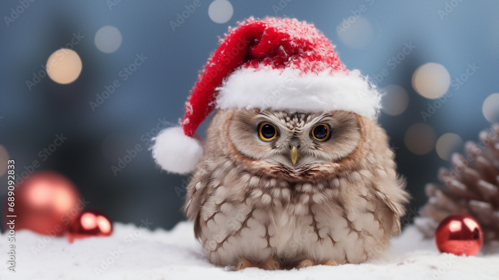 Cute Owl in Santa Hat with Christmas Tree Background Cute Owl in Santa Hat with Christmas Tree Background