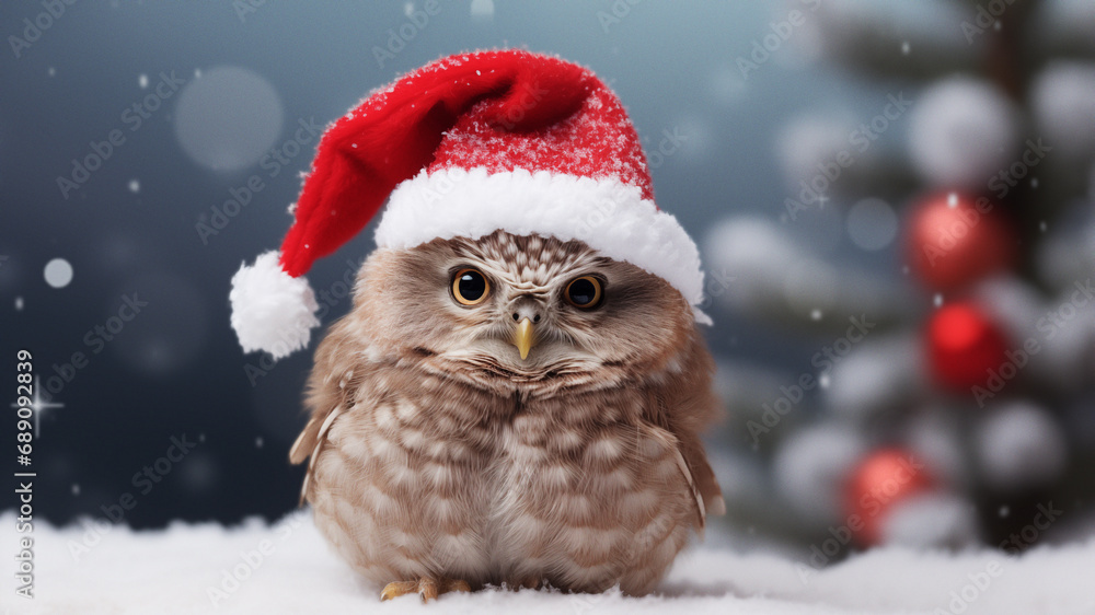 Cute Owl in Santa Hat with Christmas Tree Background Cute Owl in Santa Hat with Christmas Tree Background